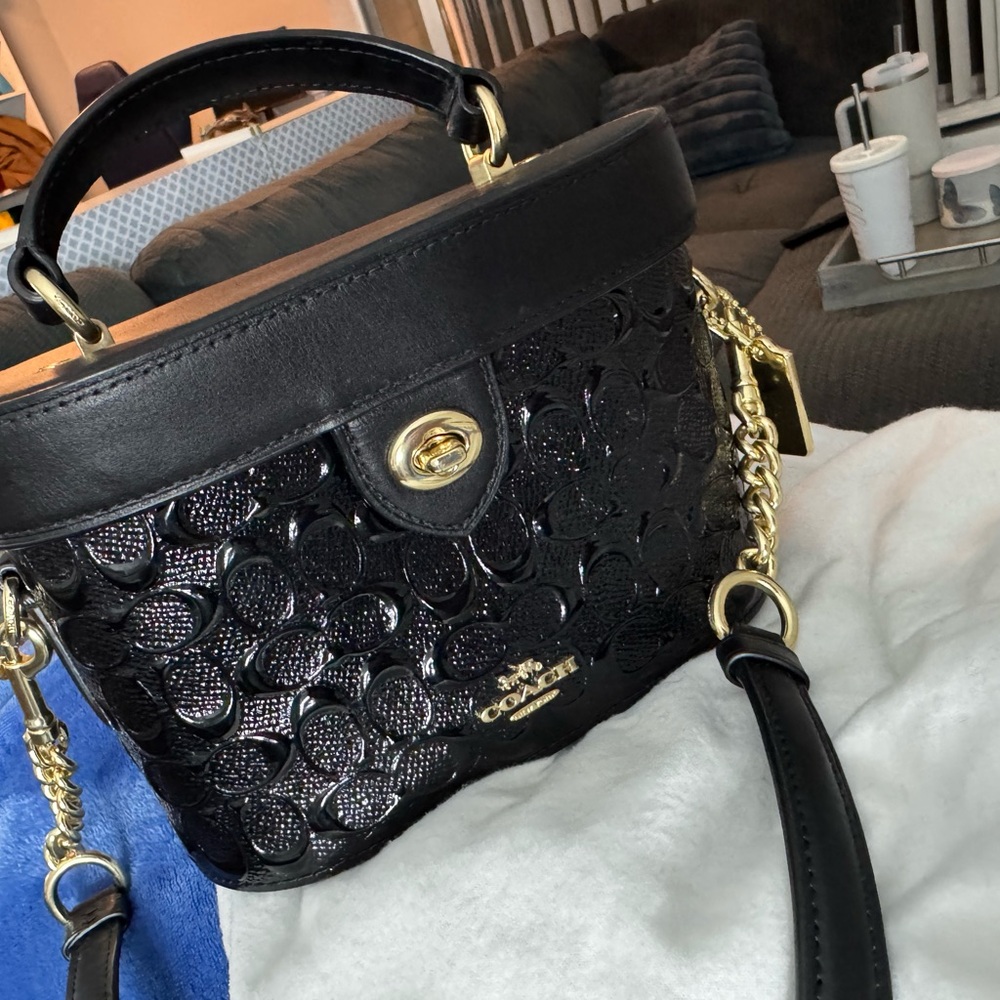 Coach Black Patent Signature Quilted Top-Handle Crossbody with Gold Hardware